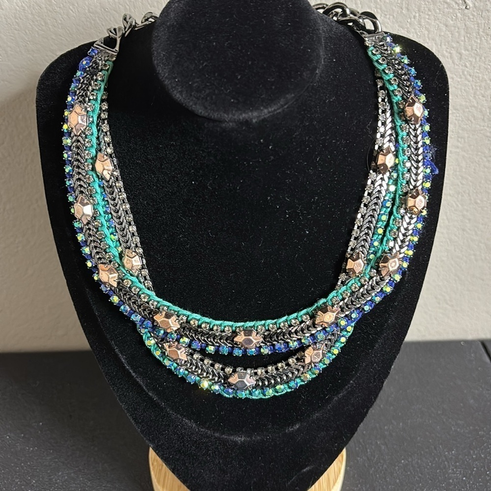 Stella & Dot Mercury Checker Necklace Blue Green Chrome Finish Boho Rhinestone‌‍